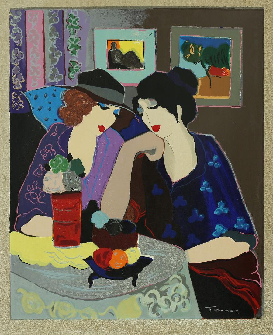 ITZCHAK TARKAY YUGOSLAVIAN/HUNGARIAN B.1935: Gossip at the Cafe, hand embellished serigraph on woven paper, 30 1/4 x 26 1/4 in (76.8 x 66.6 cm), signed lower left, ED 36/50