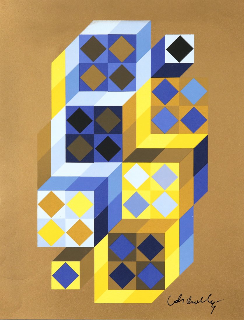 VICTOR VASARELY FRENCH/HUNGARIAN 1906-1997: Cube Serie with Gold Background, op art serigraph, 17 x 12-1/4 in, (43.2 x 31.1 cm) titled, signed lower right,
