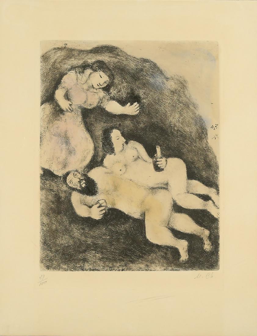 MARC CHAGALL RUSSIAN/FRENCH 1887-1985: Lot and his Daughters, 1958, etching with hand watercoloring, 21 x 15 1/4 in (53.3 x 38.7 cm), hand signed lower right, Edition 27/100