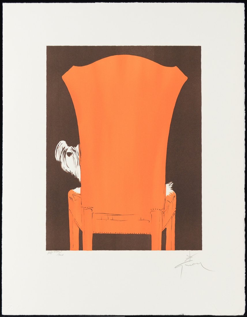 RENE GRUAU FRENCH/ITALIAN/AMERICAN 1909-2004: Pooch in Chair, lithograph 17.75 x 13.25 in (45.7 x 33.7 cm) signed lower right, Edition 270/300