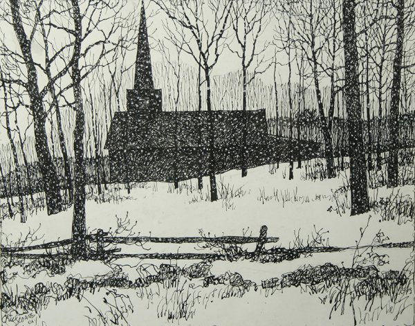 SLOANE, N.A. (AMERICAN) New England Church Pen/Ink: ERIC SLOANE, N.A. (AMERICAN 1905-1985) "New England Church in the Snow", pen and ink, 12 x 15.5 in (30.5 x 39.4 cm), signed lower left. This is possibly a drawing for a Christmas card.