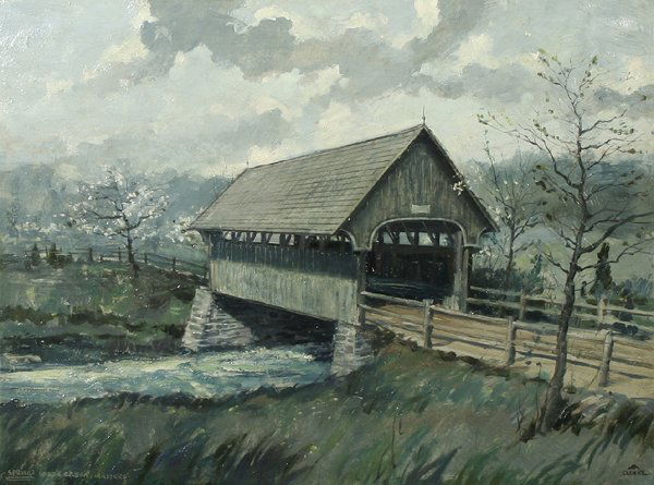 SLOANE, N.A. (AMERICAN) Covered Bridge Oil Painti: ERIC SLOANE, N.A. (AMERICAN 1905-1985) "Covered Bridge in the Spring", oil on masonite, 17.75 x 24 in (45.1 x 61 cm), signed lower right