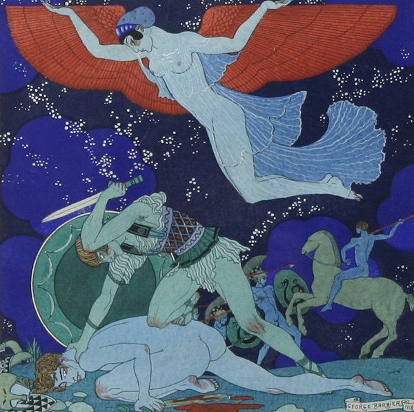 BARBIER (FRENCH) Mythological Etching: GEORGE BARBIER (FRENCH 1882-1932) "Aggressus Ressurgo", 1918, etching with watercolor, 9.5 x 9.5 in (24.1 x 24.1 cm), signed and dated lower right