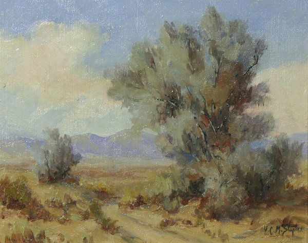 STAPLES (AMERICAN) Smoke Tree Landscape Oil Paint: VERA C. M. STAPLES (AMERICAN 1883-1954) "The Smoke Tree", oil on canvas board, 8 x 9.5 in (20.3 x 24.1 cm), signed lower right, additionally signed and titled verso, Vera M. Staples, Coronado Street,