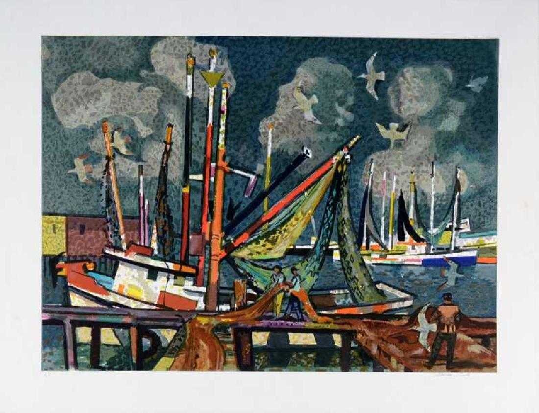 MILLARD OWEN SHEETS AMERICAN 1907-1989: Shrimp Boats, lithograph 27 x 35 in (68.6 x 88.9 cm), signed lower right, Edition: 120/250