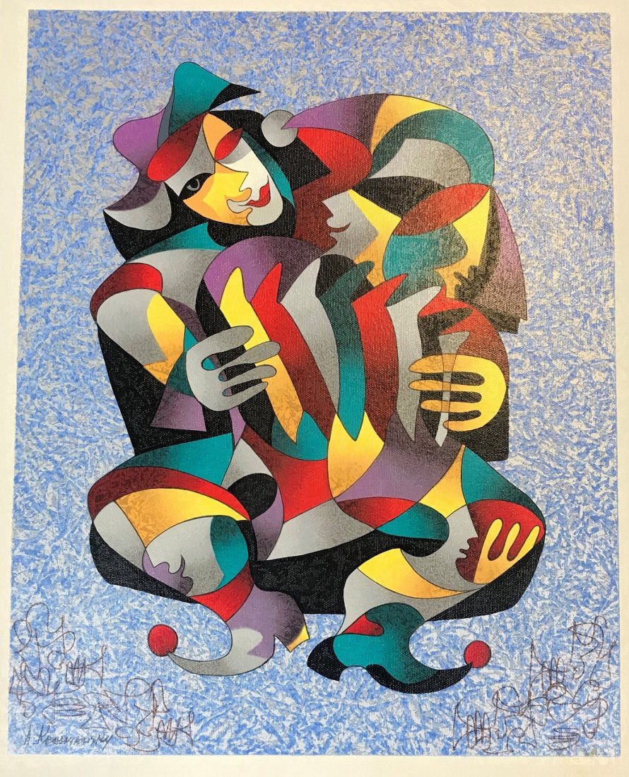 ANATOLE KRASNYANSKY UKRAINIAN B.1930: Harlequin Playing the Accordion, marker embellished serigraph on canvas, 20 x 16 in (50.8 x 40.6 cm), signed lower right, Edition 150/150 (unframed)