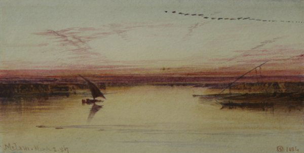 LEAR (AMERICAN) Melawi , Nile Valley Watercolor: EDWARD LEAR (AMERICAN 1812-1888) "Melawi in the Nile Valley", March 2, 1867, watercolor, 3.5 x 7 in (8.9 x 17.8 cm), signed and dated lower right, titled lower left, titled verso ,Exhibition Label Dav