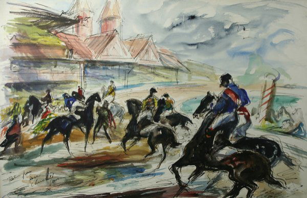 GROTH (AMERICAN) Churchill Downs Horses Watercolo: JOHN GROTH (AMERICAN 1908-1988) "Churchill Downs, Return from the Race", 1966, watercolor, 25 x 39 in (63.5 x 99.1 cm), signed and dated upper left, titled lower left. Accompanied by a book on the art