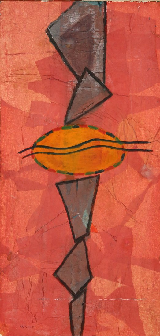 KIM WHANKI KOREAN 1913-1974: Untitled, oil on paper laid on panel, 18 1/4 x 8 3/4 in, (46.4 x 22.2 cm), signed lower left, framed in the original shadow box frame, framed dimenstions: 22 5/8 x 12 in (57.6 x 30.5 cm)