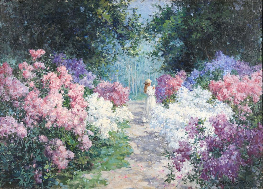 ABBOTT FULLER GRAVES AMERICAN 1859-1936: Springtime in the Garden, oil on canvas, 18 1/4 x 25 1/2 in (46 x 65 cm), with frame ( 23 7/8 x 31 1/3 in (60.5 x 79.5 cm) , signed lower right, PROVENANCE: Private collection New Jersey who acquired