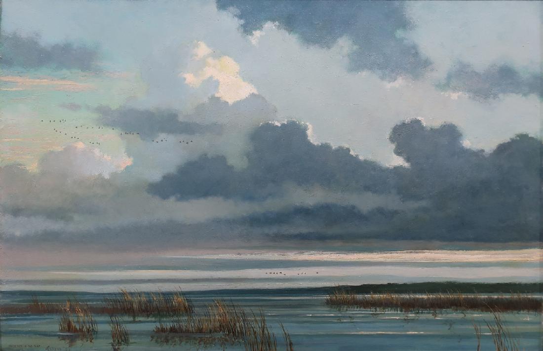 ERIC SLOANE AMERICAN B.1959: Necklace in the Sky, c.1975, oil on board, 24 x 35 12 in, (61 x 90.2 cm), signed and titled lower left