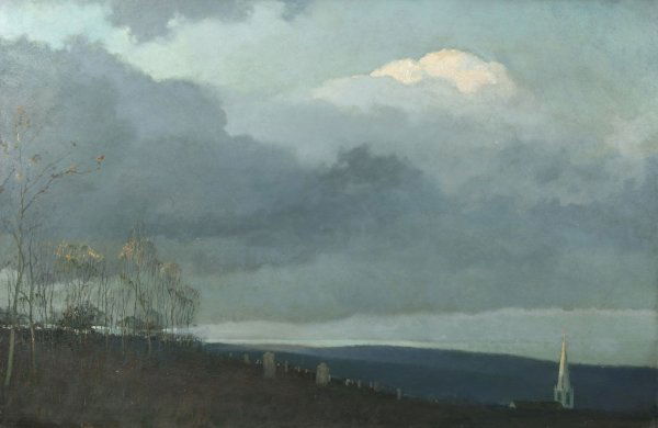 E. SLOANE (AMERICAN) Church on the Hill Oil: ERIC SLOANE (AMERICAN 1908-1985), "Church on the Hill", oil on masonite, 25 x 38 in (63.5 x 96.5 cm), signed lower left. PROVENANCE: Gift from the artist to present owner