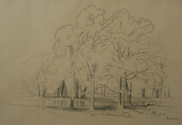 D. JOHNSON (AMERICAN) Geneseo, NY Drawing: DAVID JOHNSON (AMERICAN 1827-1908), "Geneseo, NY", July 1886, pencil on paper, 11 x 16.5 in (27.9 x 41.9 cm), signed, titled and dated lower right.