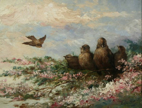 F. L. HUNTER (AMERICAN) Returning to the Nest Oil: FREDERICK LEO HUNTER (AMERICAN 1858-1943), "Returning to the Nest", 1882, oil on canvas, 7 x 9 in (17.8 x 48.3 cm), signed and dated lower right.