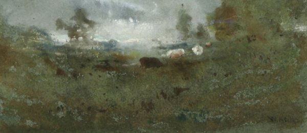 W. KEITH (AMERICAN) Tonalist Landscape Watercolor: WILLIAM KEITH (AMERICAN 1838-1911), "Tonalist Landscape", watercolor, 5 x 12 in (12.7 x 30.5 cm), signed lower right.