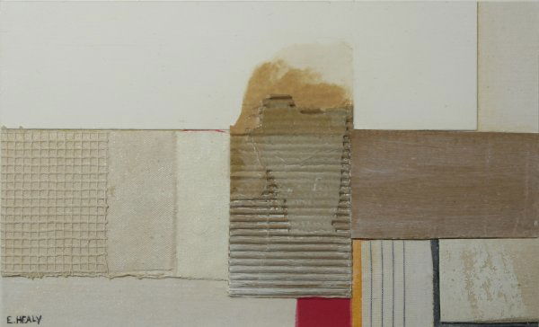 E. HEALY (AMERICAN) Abstraction Collage: EUGENE HEALY (AMERICAN B1948), "Abstraction", collage with cardboard, cloth, wood and acrylic, 11 x 17.75 in (27.9 x 45.1 cm), signed lower left.