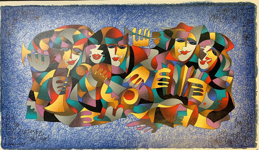 ANATOLE KRASNYANSKY UKRAINIAN B.1930: Orchestra Blue II, serigraph on canvas, 40 x 23 1/4 in (101.6 x 59 cm), signed in ink lower left, Edition: 66/125