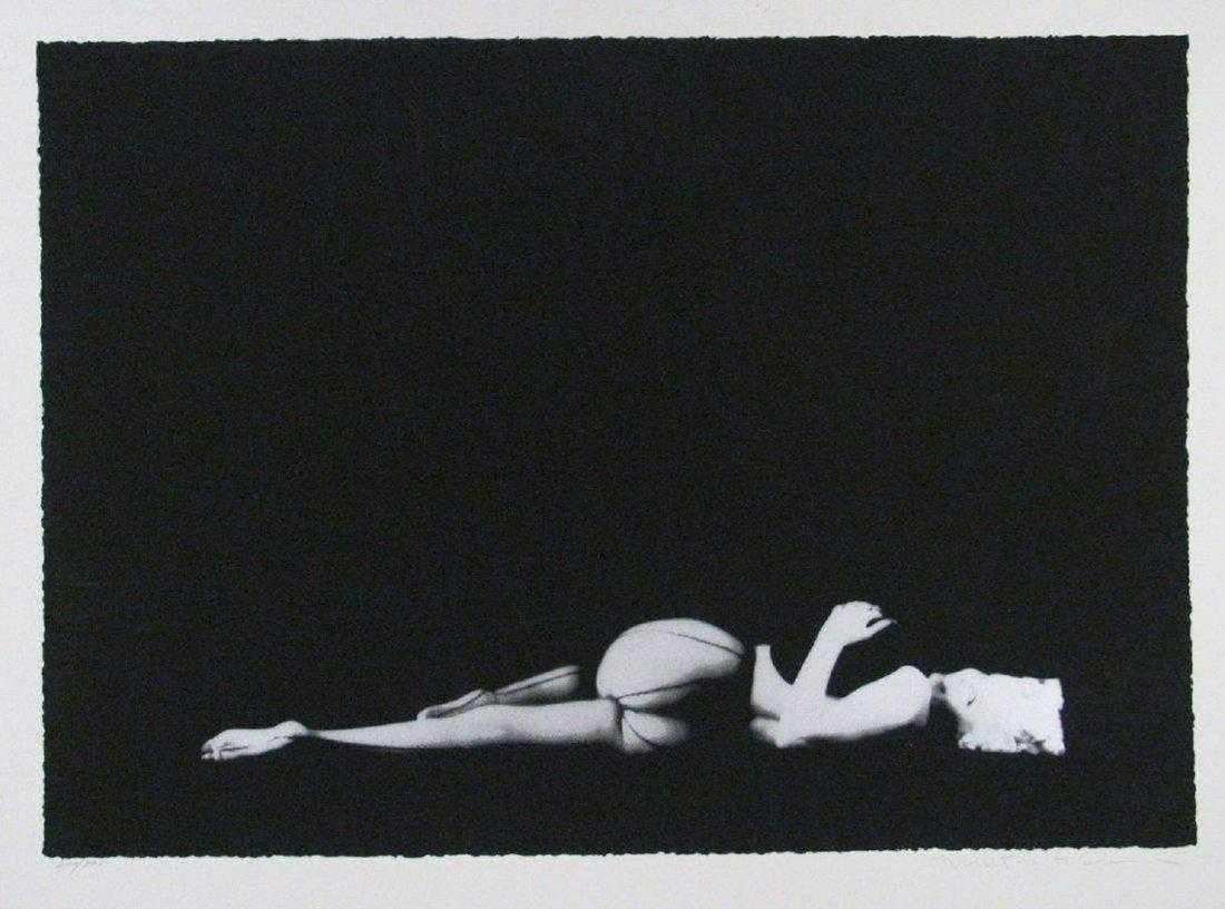 MILTON GREENE AMERICAN 1922-1985: The Black Sitting (LEG UP/Marilyn Monroe), photo lithograph , 40 x 35 in (101.6 cm x 88.9 cm) , pencil signed lower right, Edition: 169/300