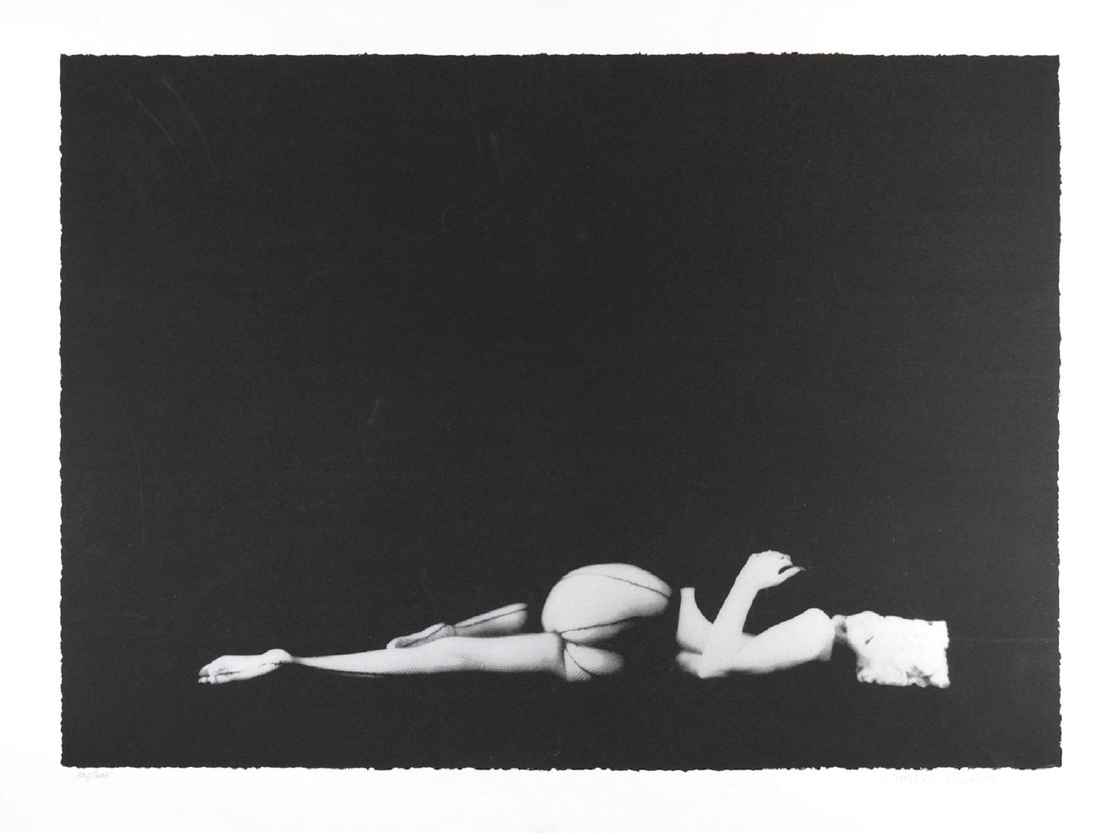 MILTON GREENE AMERICAN 1922-1985: The Black Sitting, (leg up) photo lithograph , 40 x 35 in (101.6 cm x 88.9 cm) , p encil signed lower right, Edition: 217/300