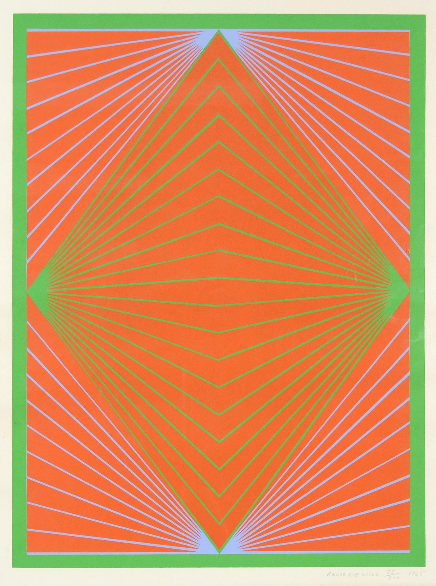 RICHARD JOSEPH ANUSZKIEWICZ AMERICAN B.1930: Sequential, screen print in colors, 1965, 22 x 17 in (55.9 x 43.2 cm) signed, titled, dated and numbered 88/200 lower right