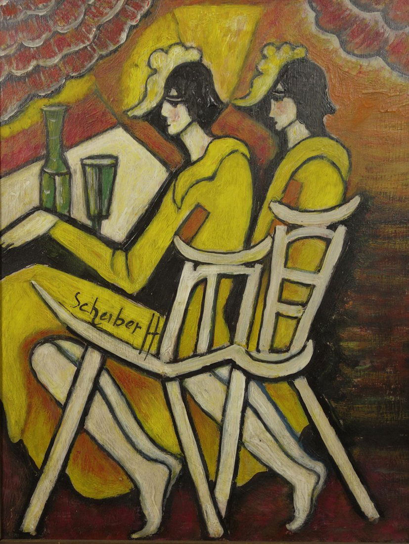 HUGO SCHEIBER HUNGARIAN/AUSTRIAN 1873-1951: Two Woman at a Cafe, oil on board, 17 1/4 x 13 1/8 in (44 x 33.5 cm), signed upper middle, PROVENANCE: Property of a private collector New Jersey