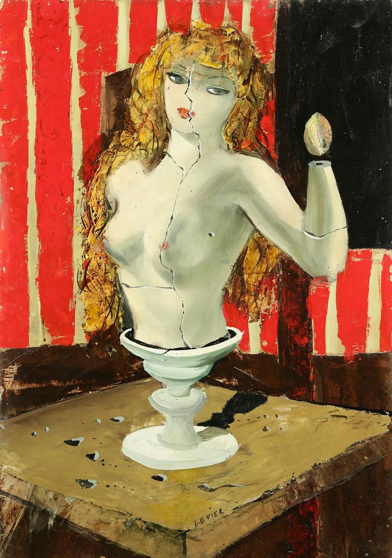CHARLES LEVIER FRENCH 1920-2004: Surrealist Mannequin, oil on cardboard, 21 3/4 x 15 in (55.2 x 38.1 cm), signed lower middle