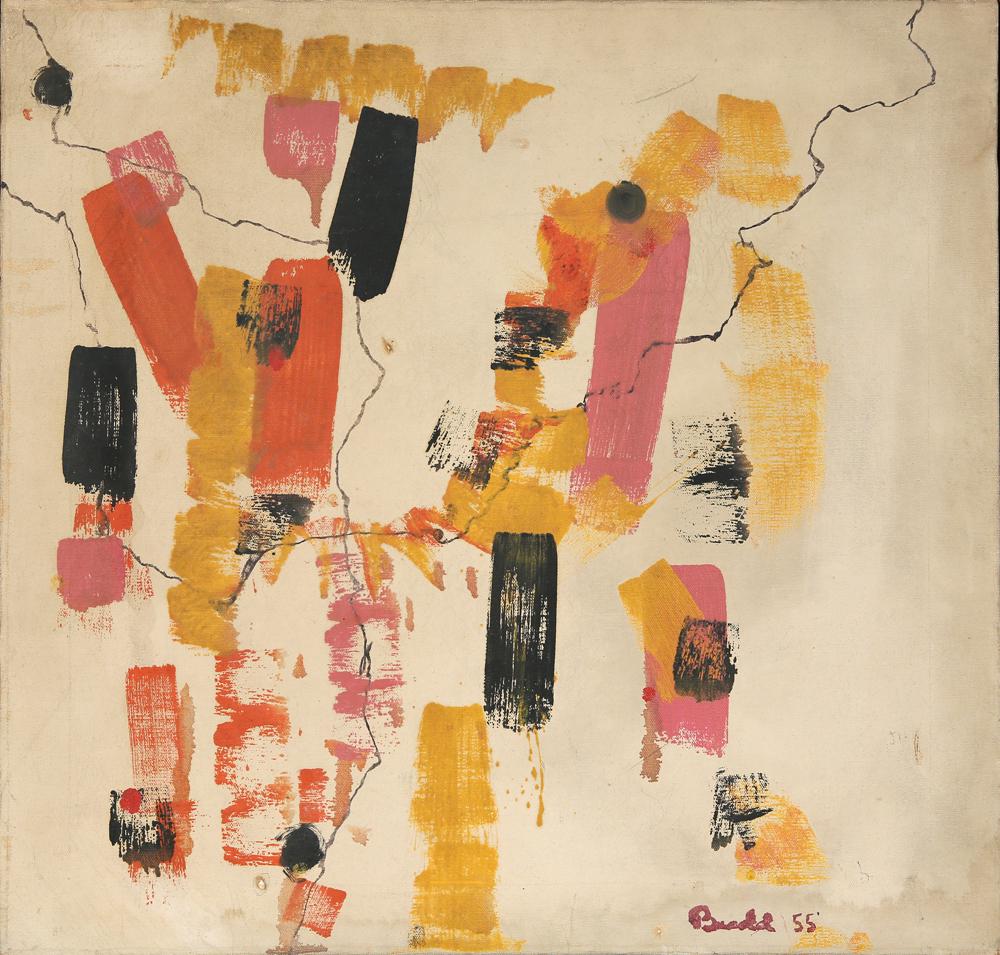 DAVID BUDD AMERICAN 1927-1991: Abstraction, oil on canvas, 21 x 22 in (53.3 x 55.9 cm), framed, signed lower right, dated 1955, PROVENANCE: Private collector Boston, MA