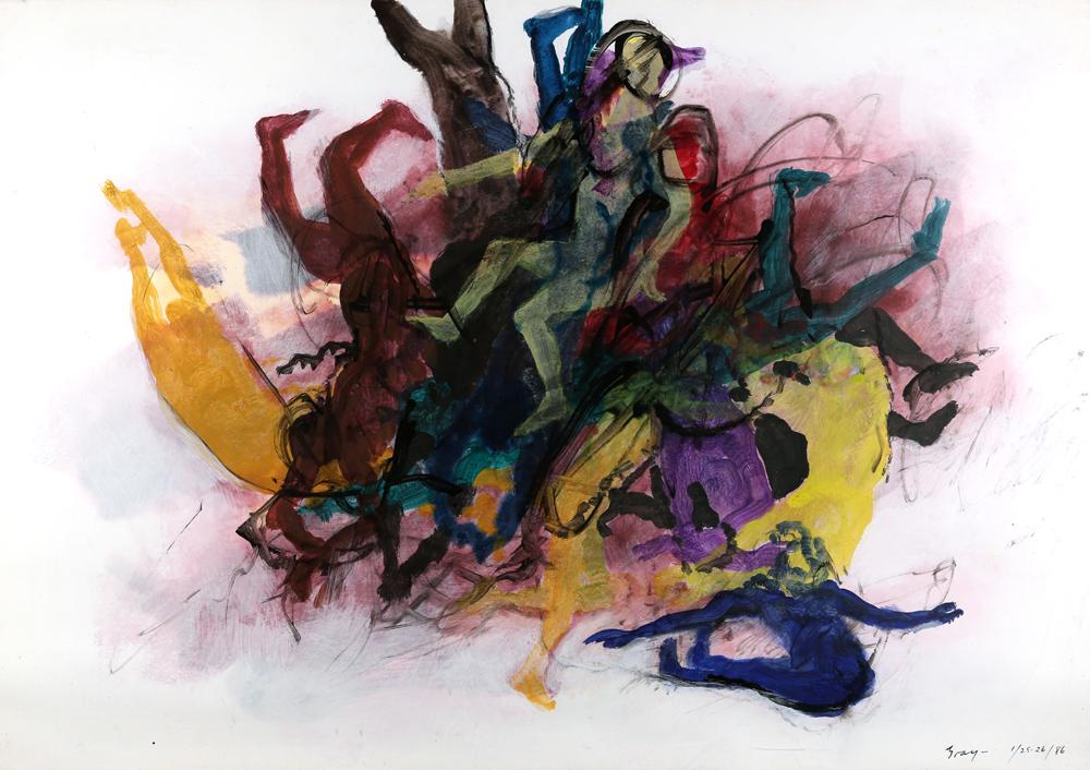 CLEVE GRAY AMERICAN 1918-2004: Resurrection Series, 1986, acrylic on paper, 27 1/2 1//2 x 38 in (69.9 x x 96.5 cm), framed dimensions 29 1/2 x 40 in), 74.9 x 101.6 cm), PROVENANCE: Elaine Baker Gallery, Boca Raton, FL label verso