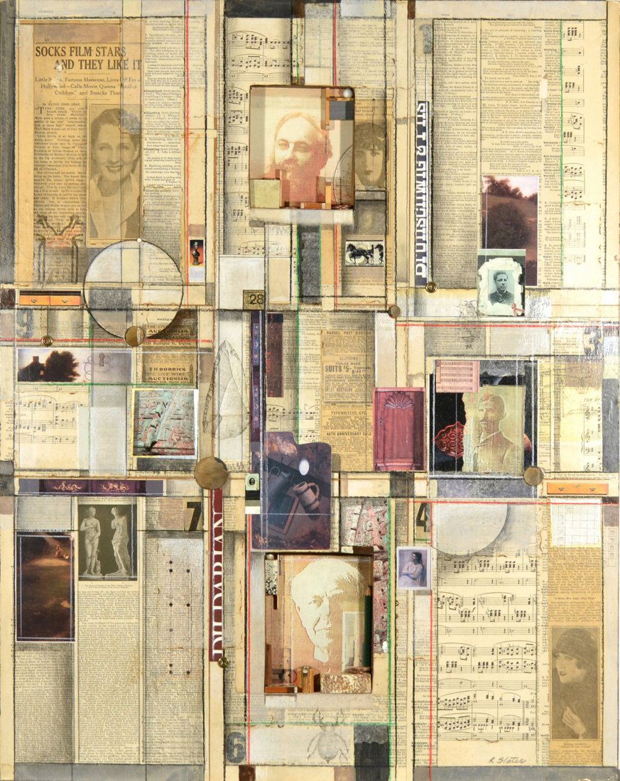 RODERICK SLATER AMERICAN B.1937: Different Outlooks ,acrylic and collage , 30 x 24 in (76.2 x 61 cm) , signed lower right and verso