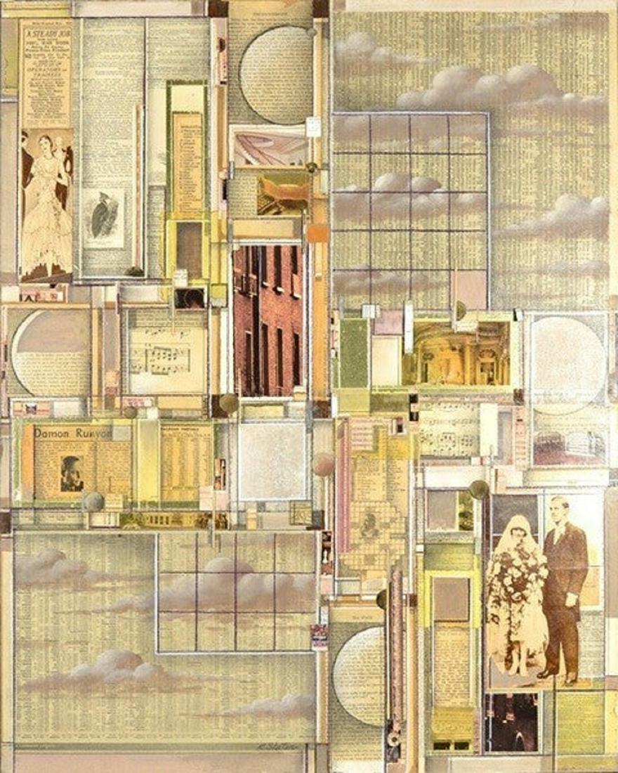 RODERICK SLATER AMERICAN B.1937: Items , acrylic and collage , 30 x 24 in (76.2 x 61 cm) , signed lower right and verso