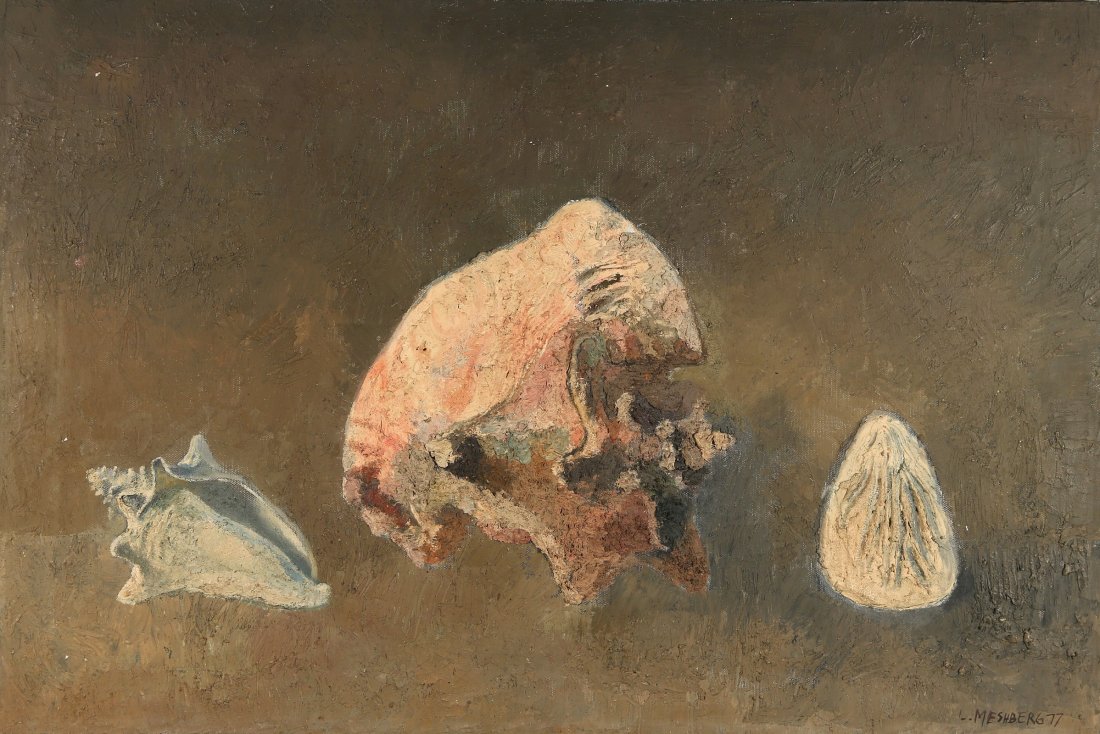 LEV MESHBERG RUSSIAN 1923-2007: Still Life with Seashells, oil on canvas, 18 x 28 in (45.7 x 71.1 cm), signed lower right, dated 1977, PROVENANCE: Private collector in NY, purchased painting from the Sarah and Michail Fedelmesser co