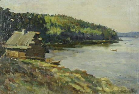 NESTEROV (RUSSIAN) Cottage on the Lake Oil: MIKHAIL VASILIEVICH NESTEROV (RUSSIAN 1862-1942), "Cottage on the Lake", oil on canvas, 11.25 x 16.25 in (28.6 x 41.3 cm), signed lower right.