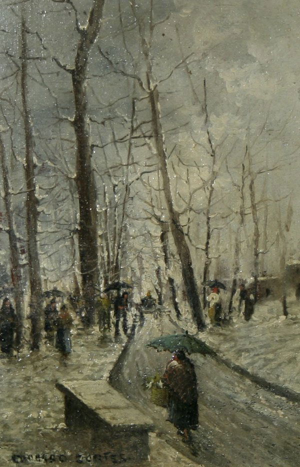 CORTES (FRENCH) Rainy Day Stroll Oil: EDOUARD CORTES (FRENCH 1882-1969), "Strolling in the Park on a Rainy Day", oil on panel, 8 x 5.25 in (20.3 x 13.3 cm), signed lower left, signed and titled verso. Remnants of collector's seal verso.