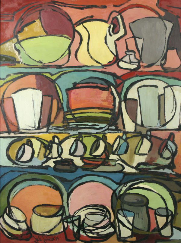 JOHNSON (AMERICAN) Dishes Oil: JACK JOHNSON (AMERICAN 20TH CENTURY), "Dishes", 1954, oil on masonite, 40 x 30 in (101.6 x 76.2 cm), signed and dated lower left.