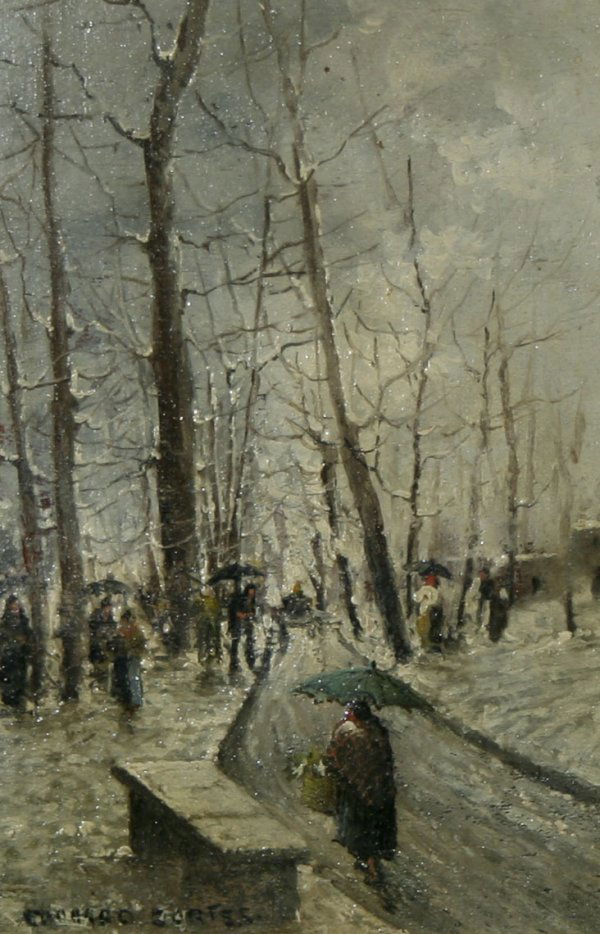 CORTES (FRENCH) Rainy Day Stroll Oil: EDOUARD CORTES (FRENCH 1882-1969), "Strolling in the Park on a Rainy Day", oil on panel, 8 x 5.25 in (20.3 x 13.3 cm), signed lower left, signed and titled verso. Remnants of collector's seal verso.