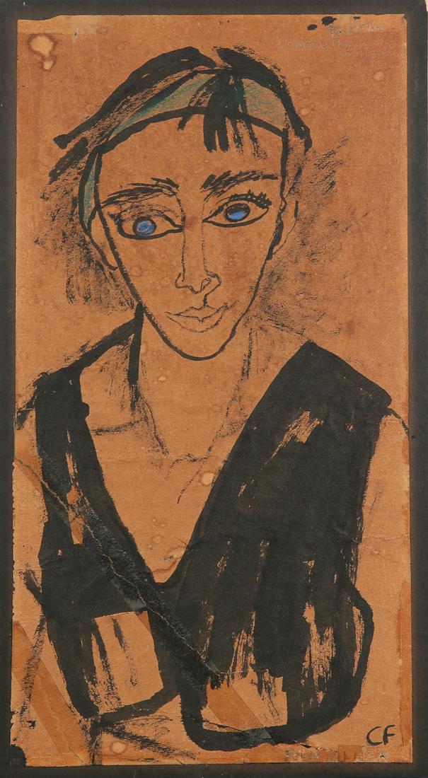 CONRAD FELIXMULLER (ATTR) GERMAN 1897-1977: Portrait of a Woman (Possibly Kathe Kollwitz). black ink wash with blue watercolor highlights on buff paper, 12 1/4 x 6 1/4 in (31.1 x 15.9 cm), artist's initials lower right, inscribed upper right, "