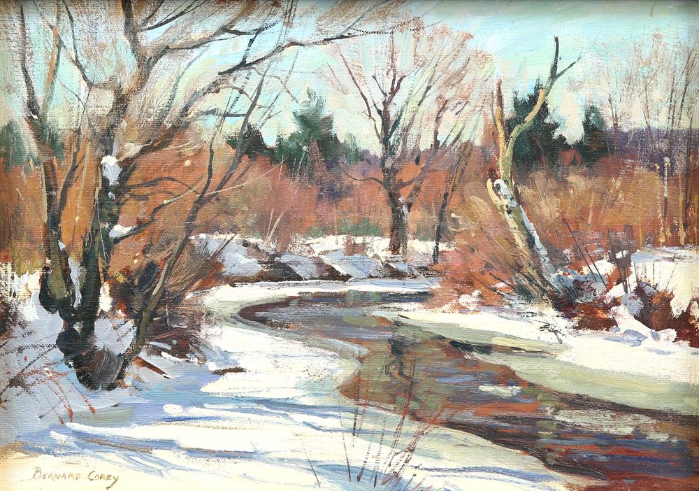 BERNARD COREY AMERICAN 1914-2000: A Stream in Winter, oil on canvas laid on board, 10 x 14 in (25.4 x 35.6 cm), framed 15 1/2 x 19 1/2 in (39.4 x 49.5 cm), signed lower left, PROVENANCE: From the artist estate to a private collector i