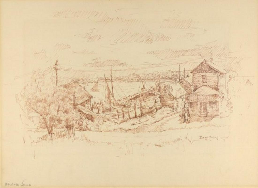 ROBERT BRACKMAN AMERICAN 1898-1980: The Harbor (PROBABLY Noank, CT) pen and ink, 13 3/4 x 18 1/2 in (34.9 cm x 47 cm) signed lower right , PROVENANCE: SID Deutsch Gallery NYC, NY label verso