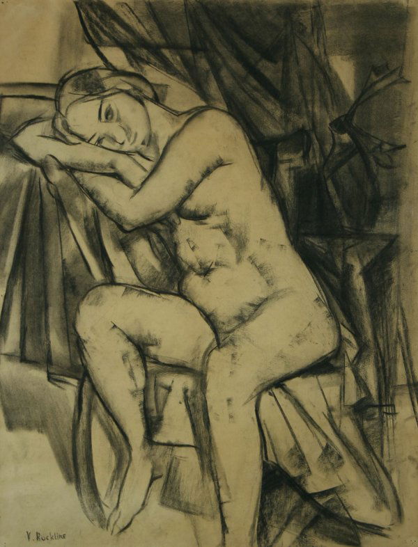 ROCKLINE (RUSSIAN) Figure Study Charcoal: VERA ROCKLINE (RUSSIAN 1896-1934), "Figure Study", charcoal, 24.75 x 18.5 in (62.9 x 47 cm), signed lower left.