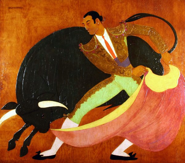 BASKERVILLE (AMERICAN 1896-1994) Bull Oil: CHARLES BASKERVILLE (AMERICAN 1896-1994), "The Bull Fight", oil and sculpted gesso on wood, 40 x 44 in (101.6 x 111.8 cm).