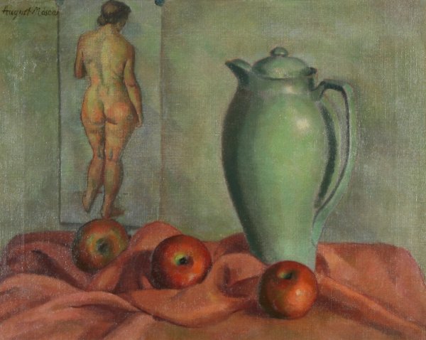 MOSCA (AMERICAN 1909-2002) Still Life Oil: AUGUST MOSCA (AMERICAN 1909-2002), "Still Life", circa 1936, oil on canvas, 16 x 20 in (40.6 x 50.8 cm), signed upper left.