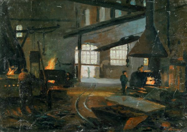 BUCHHOLZ (RUSSIAN 1857-1942) "The Foundry": BUCHHOLZ, FEODOR FEODOROWITSCH (RUSSIAN 1857-1942) "The Foundry", oil on board, 12.25 x 17.5 in. (31 x 44.5 cm.), signed lower right, signed additionally verso and titled 'Kuznetsky Foundry', PROVENAN