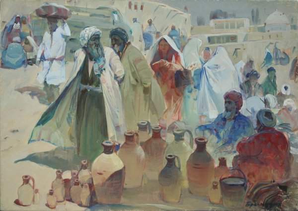 BRINSKIH (RUSSIAN 1924-1998) "Marketplace", 1961: BRINSKIH, BORIS ALEKSANDROVICH (RUSSIAN 1924-1998) "Marketplace", 1961, oil on canvas, 19 x 26.75 in (36.2 x 67.9 cm), signed lower right, titled and dated verso,