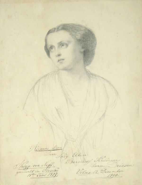 NEFF (GERMAN 1831-1894) "Portrait of a Woman": NEFF, FRIEDRICH VON(GERMAN 1831-1894) "Portrait of a Woman", 1890, pencil drawing, 11 x 8.5 in. (27.9 x 21.6 cm.), signed lower left, dated 1890 lower right, Christie's label verso,
