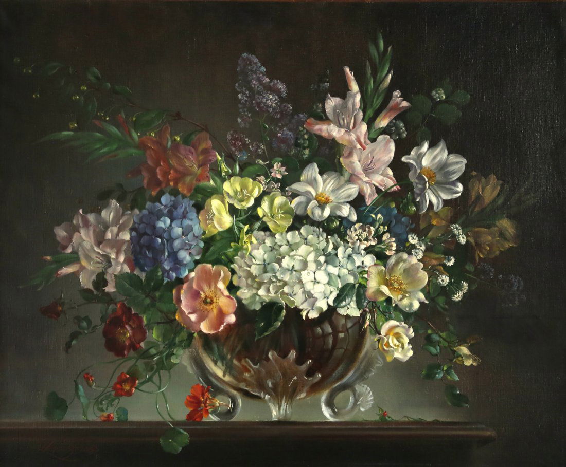 CECIL KENNEDY BRITISH 1905-1997: Still Life of Hydrangeas, Lillies and Tea Roses in a Glass Vase, oil on canvas, 25 x 29 7/8 in (63.5 x 75.9 cm), signed lower right, PROVENANCE: Bonhams Auction, Nov, 2018 LOT#55 to a Private Collecti