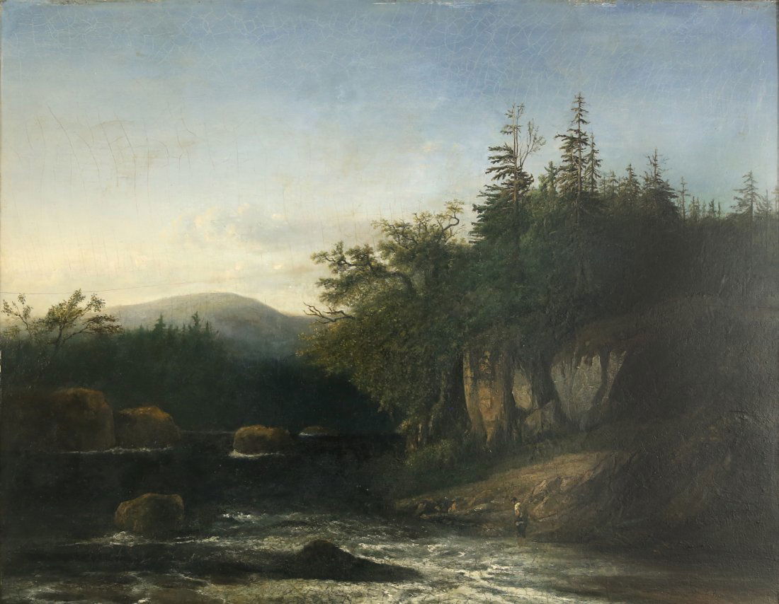 GEORGE LORING BROWN AMERICAN 1818-1889: Viewing the River , ( Possibly the Pemigewasset River at West Campton, NH), oil on panel , 27 x 36 in (68.6 x 91.4 cm), signed lower right , PROVENANCE: Private collection Massachusetts obtained from