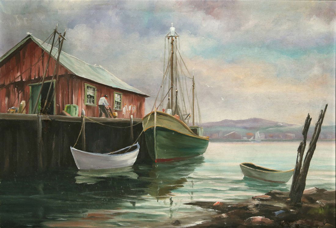 TUNIS PONSEN AMERICAN 1891-1968: Fishing Boat at the Dock, oil on canvas, 16 x 24 in (40.6 x 61 cm), signed lower left, PROENANCE: Property of a Private Collection NY