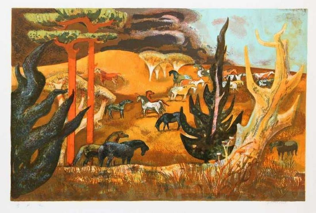 MILLARD SHEETS AMERICAN 1907-1989: Broad Mare Pasture, Pencil signed and numbered 105/250; Image size: 18in. X 33.5in. Overall size: 25in. X 40in. Embossed Circle Fine Arts stamp in margin, 213/250