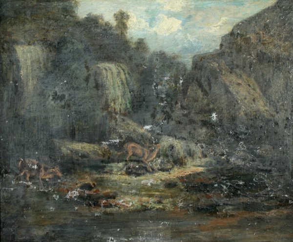 COURBET (FRENCH 1819-1877 ) "Waterfall and De: COURBET (ATTR), GUSTAV (FRENCH 1819-1877) "Waterfall and Deer" oil on canvas, 29 x 36 in (73.7 x 91.4 cm), signed lower left, titled verso.