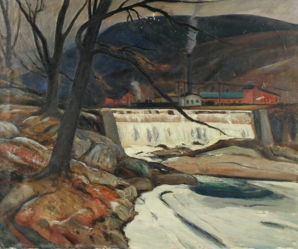 JONES (AMERICAN 1882-1957) "Frozen Mill Dam": JONES, ALBERTUS (AMERICAN 1882-1957) "Frozen Mill Dam", March 15, 1939 oil on canvas, 25 x 30 in (63.5 x 76.2 cm), signed lower left, WPA Federal Art Project label attached verso.